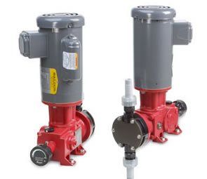 Two red pumps with gray motors on a white background