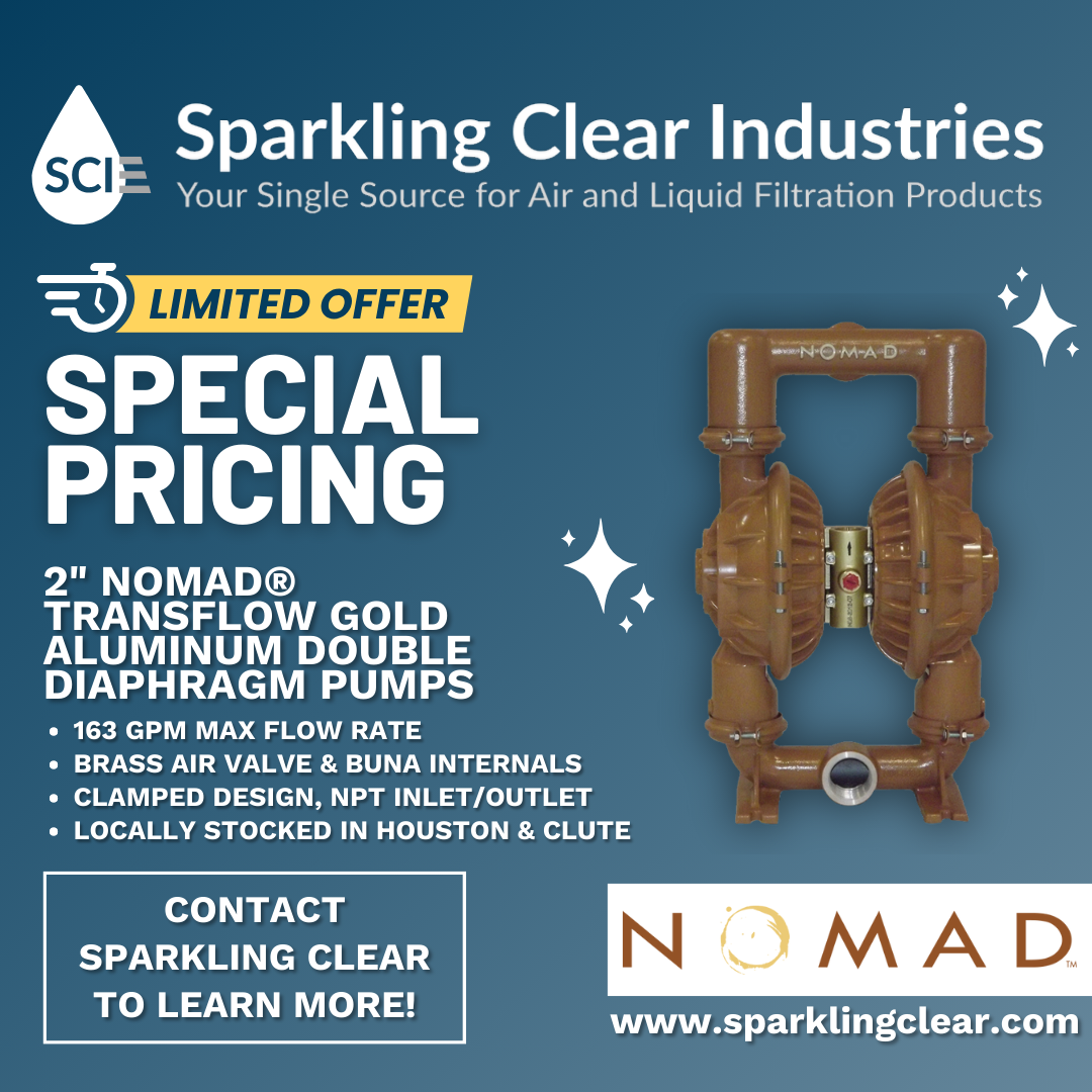 An advertisement for sparkling clear industries with a picture of an aluminum double diaphragm pump