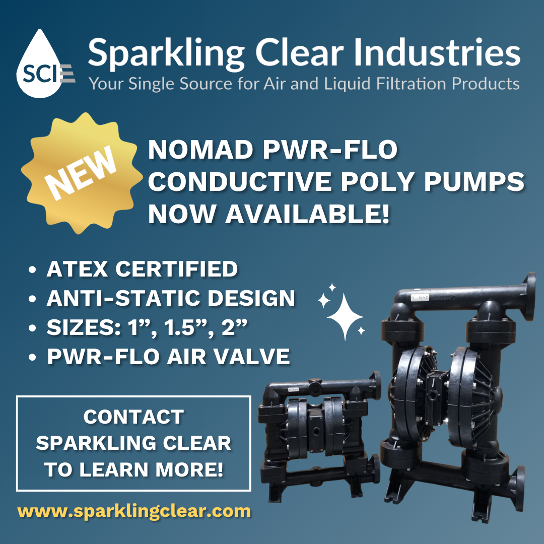 Advertisement for Sparkling Clear Industries' new conductive poly pumps: black pumps, text listing features and website address.