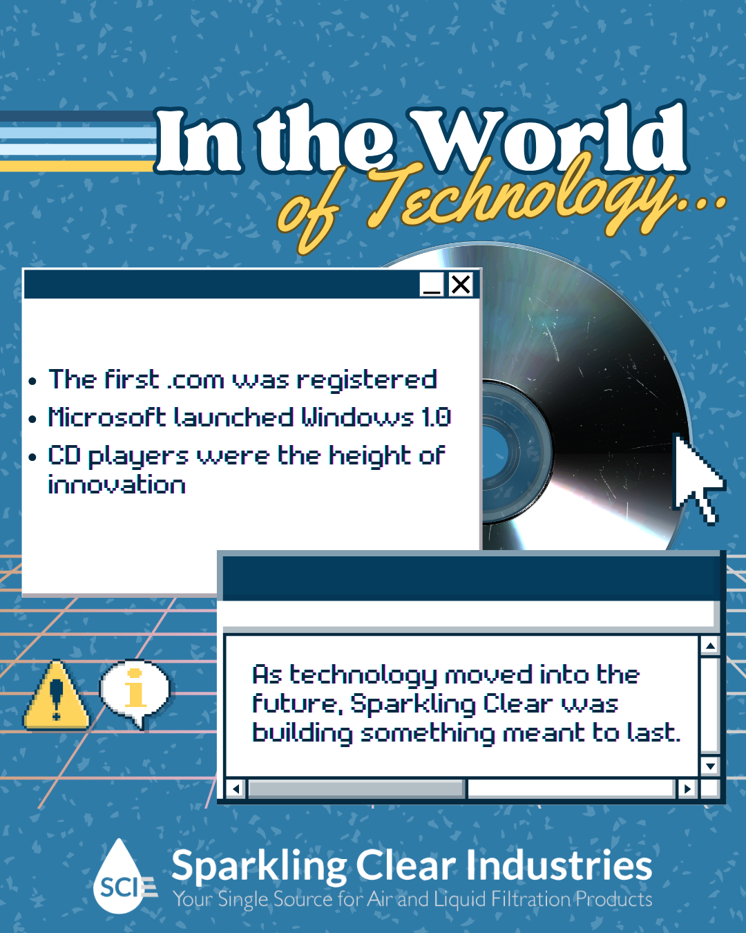 A poster that says ' in the world of technology ' on it
