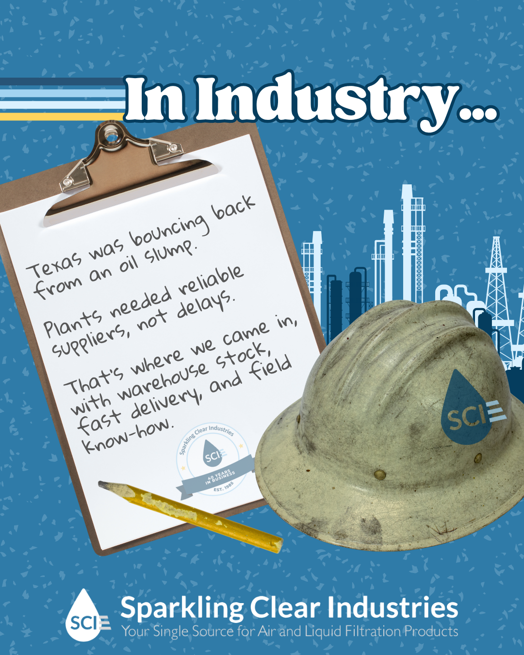 An advertisement for sparkling clear industries shows a hard hat and a clipboard