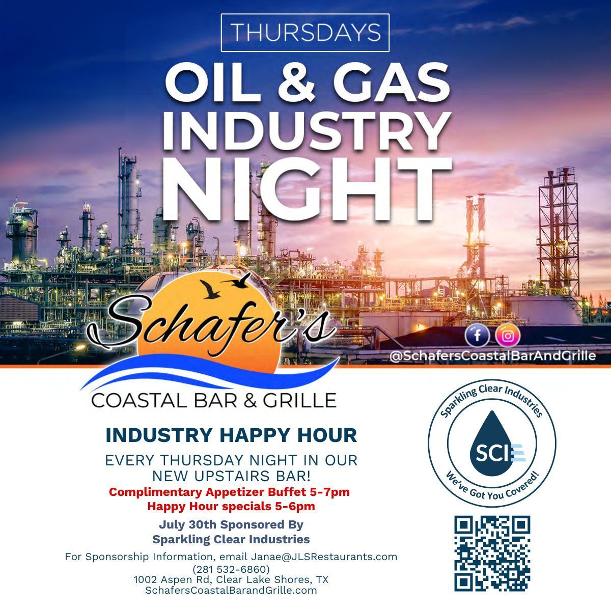 Oil & Gas Industry Night poster with refinery skyline, Schafer’s logo, and event details on a blue sunset background