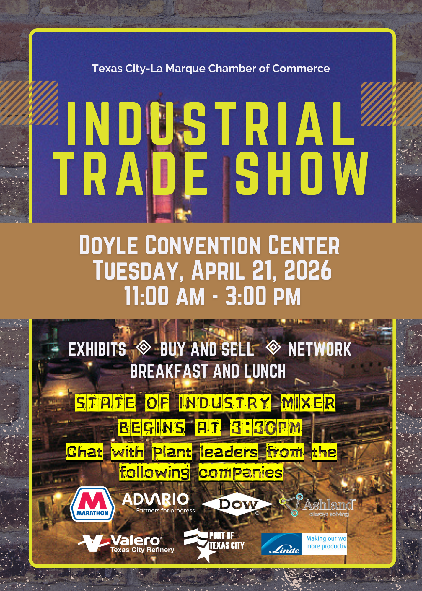 Industrial Trade Show poster in yellow and white on purple, Doyle Convention Center, Tuesday April 21, 2026, 11 AM–3 PM