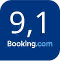 Selo de classificação do Booking.com: nota 9,1 em texto branco sobre um quadrado azul.