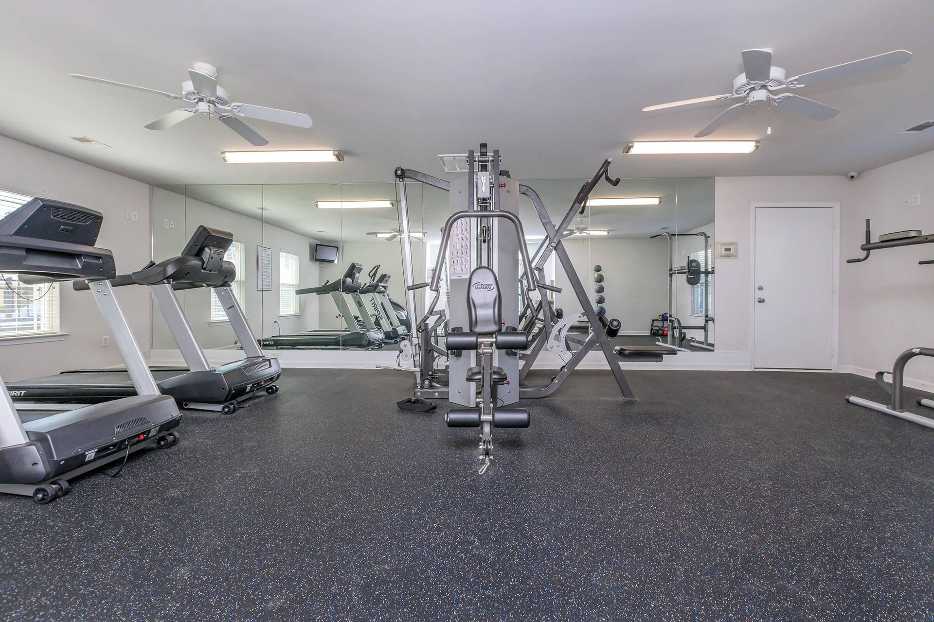A gym with treadmills , weights , and a ceiling fan.
