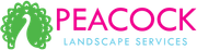 A peacock landscape services logo with a peacock on it