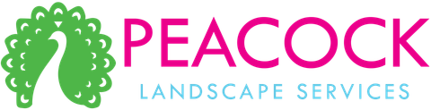 A peacock landscape services logo with a peacock on it