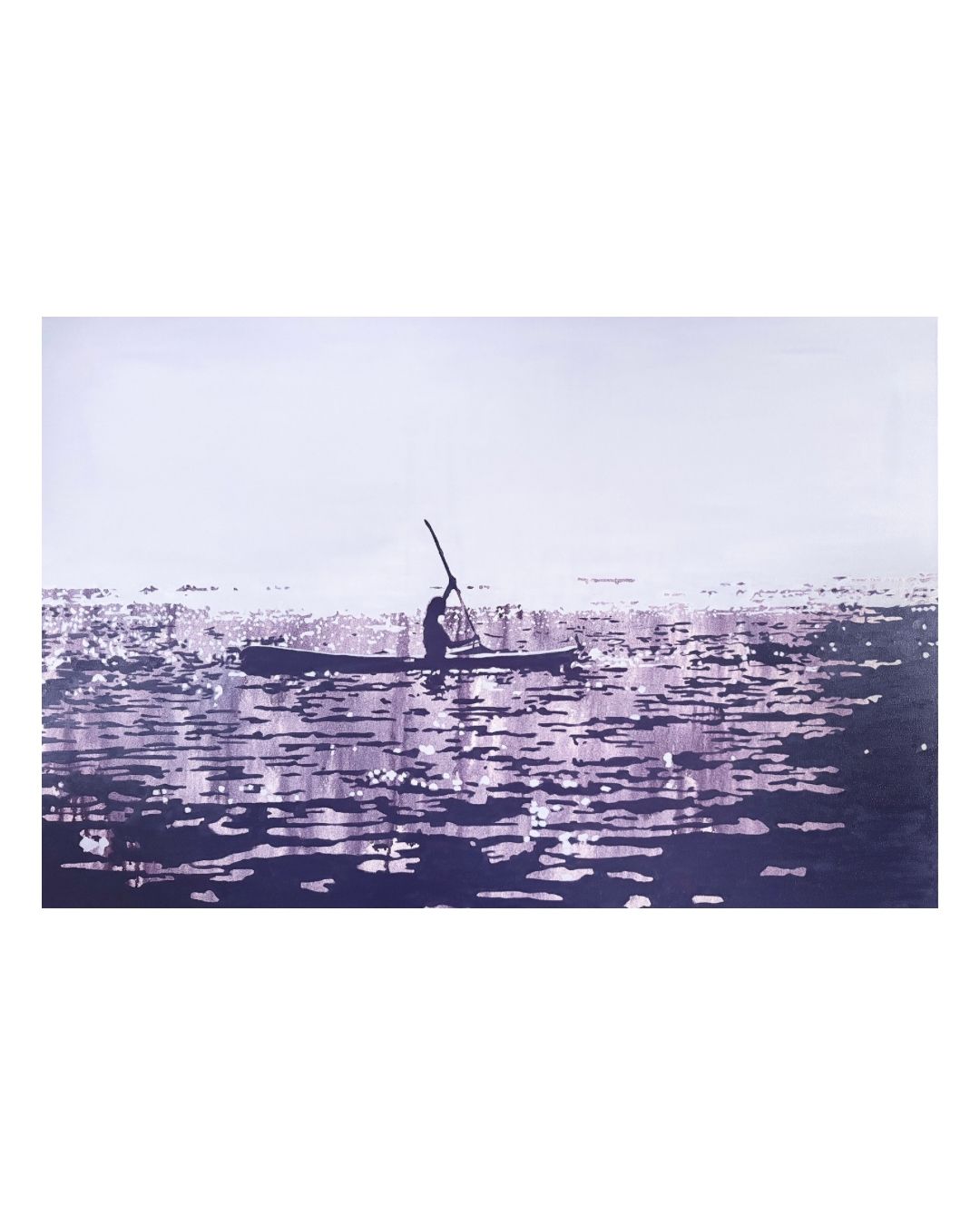 Woman paddling a canoe on reflective water in a contemporary figurative painting by Sarah Vrieling