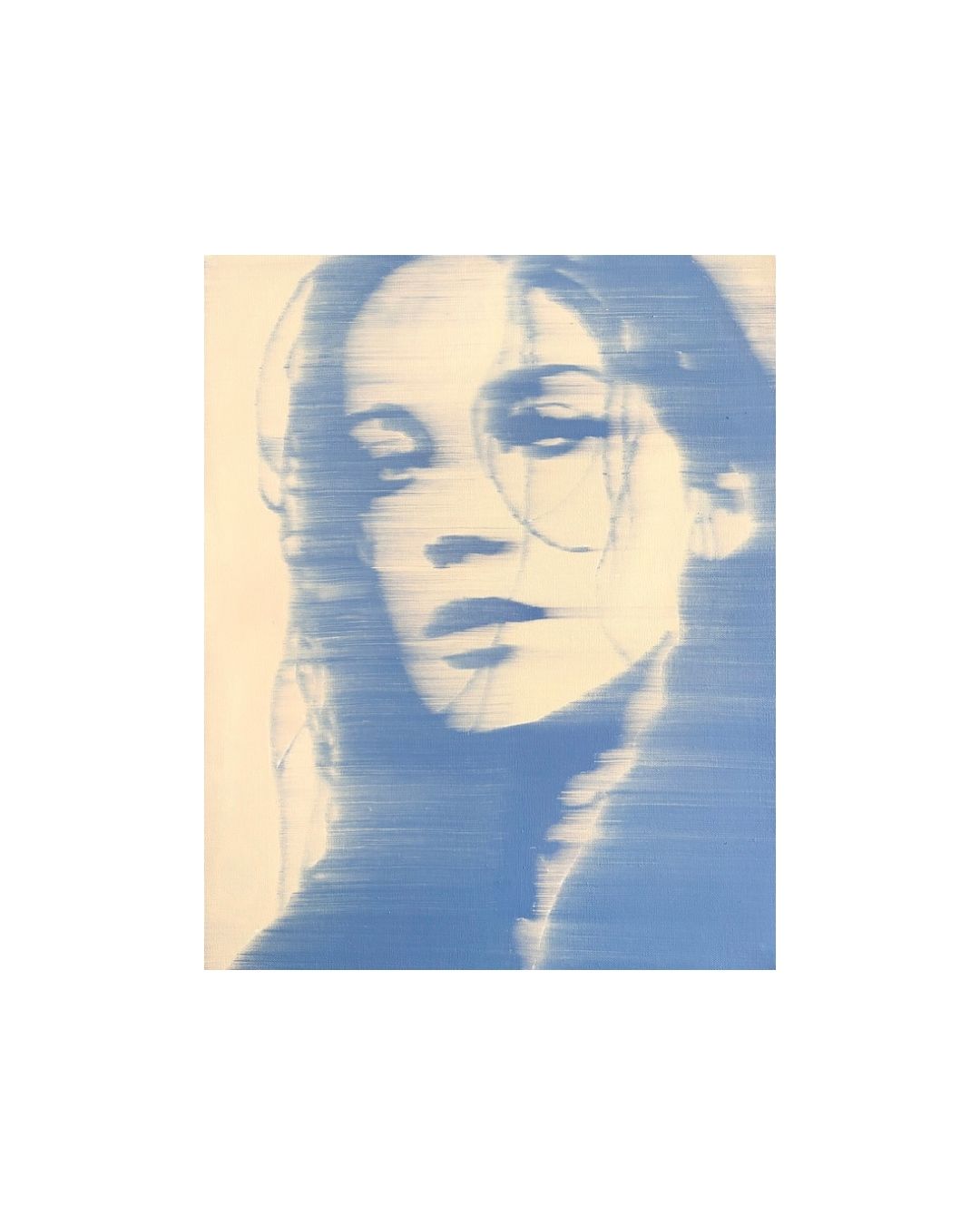 Blue contemporary portrait of a woman in a modern graphic style by Sarah Vrieling.