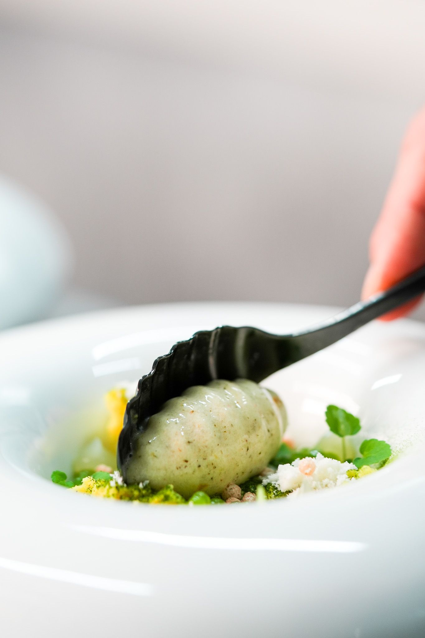 Eine Hand, die mit einer schwarzen Zange ein hellgrünes, ovales Lebensmittel in eine weiße Schüssel legt.