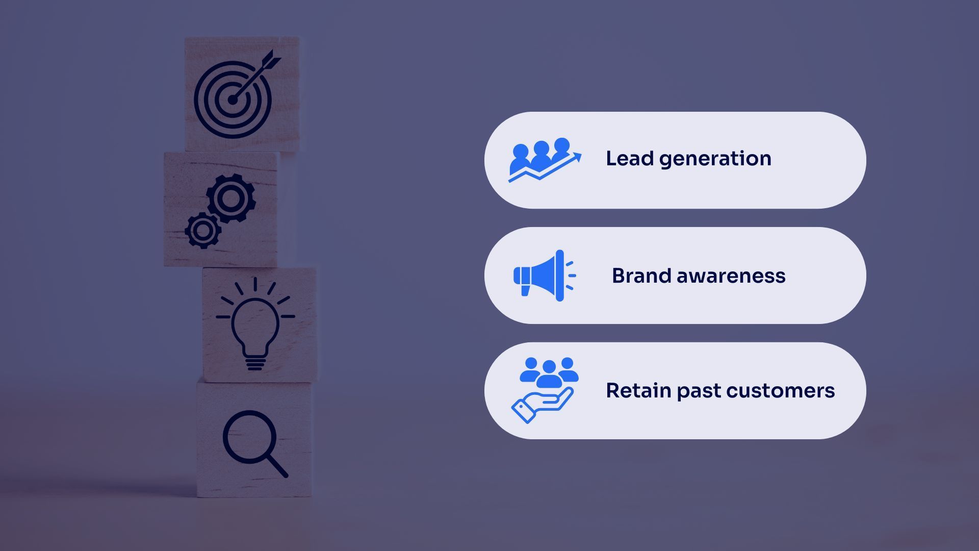 Marketing objectives, such as lead generation, brand awareness, and retaining customers.