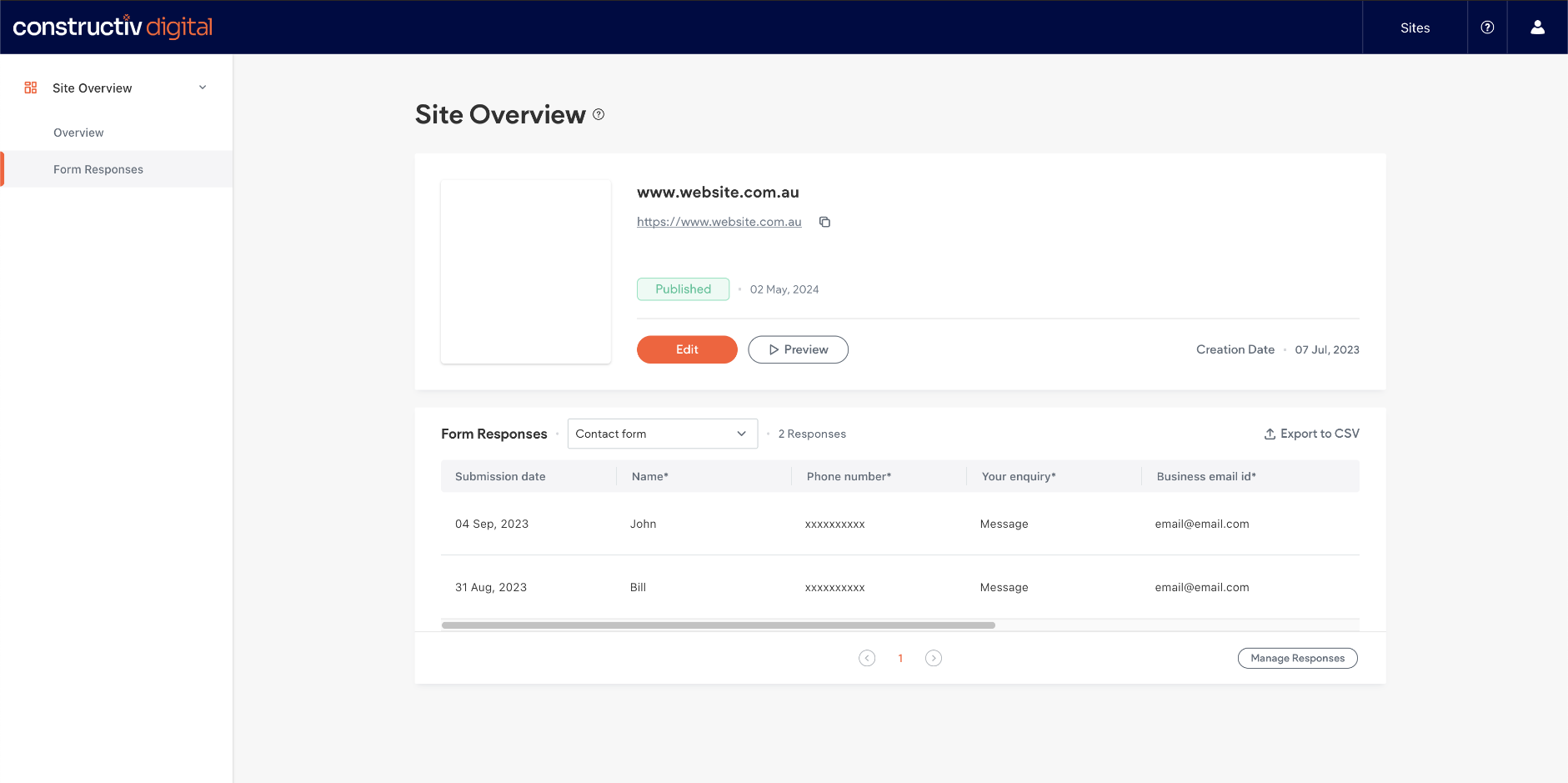 Site overview screen