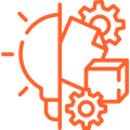 a line drawing of a light bulb surrounded by gears and boxes .