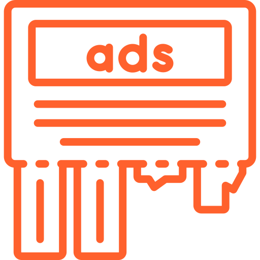 an orange icon of a newspaper with the word ads on it .