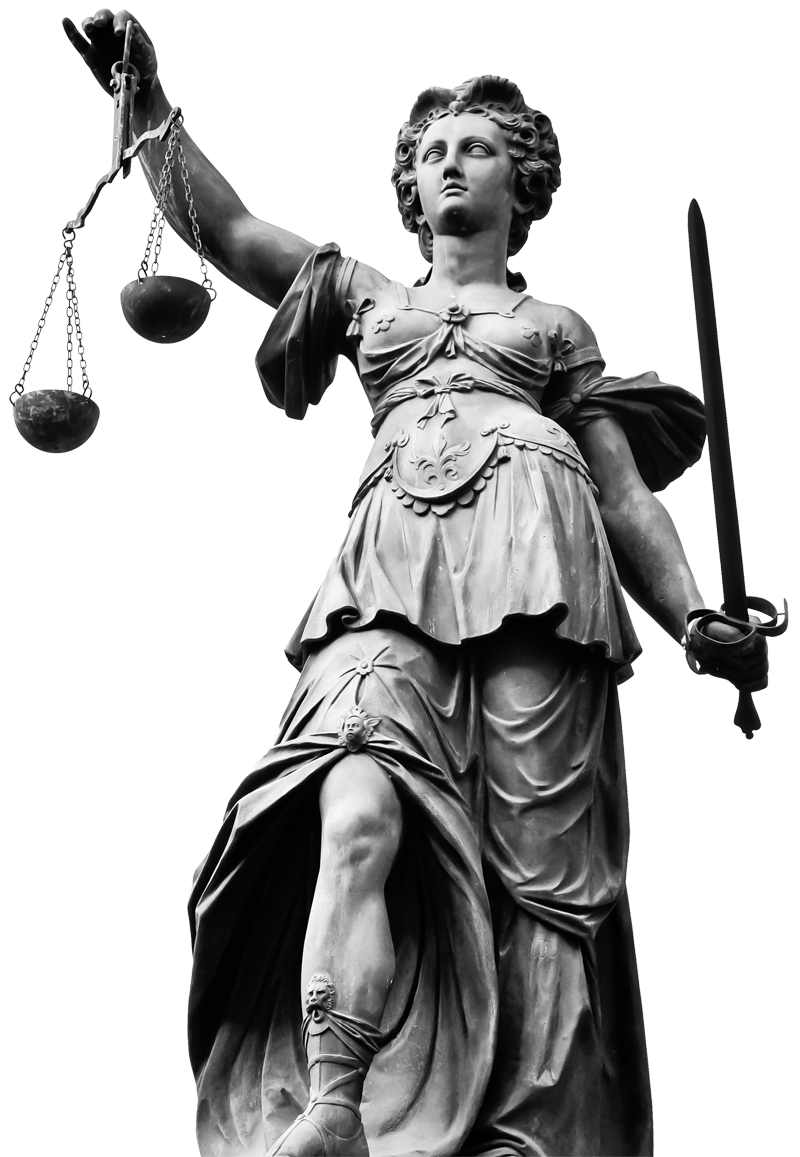 A statue of a blindfolded lady justice holding scales and a sword.