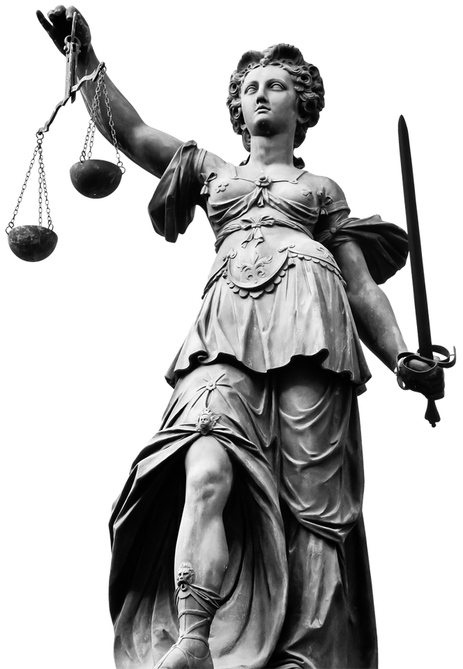 A statue of a blindfolded lady justice holding scales and a sword.