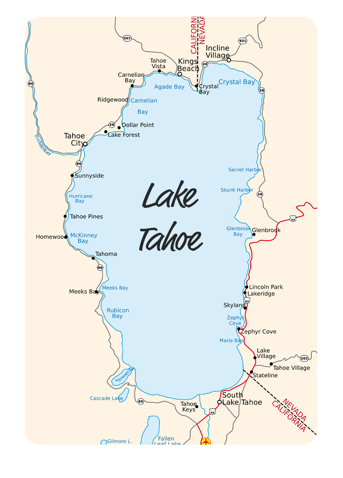 A map of lake tahoe is shown on a white background.