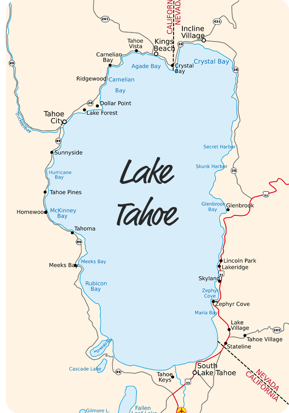 A map of lake tahoe is shown in blue and white