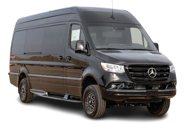 A black mercedes sprinter van is shown on a white background.