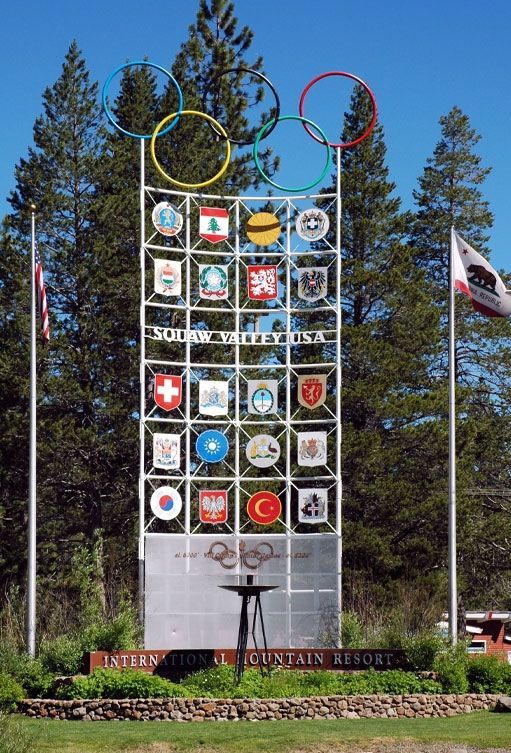 A large sign with olympic rings and flags on it