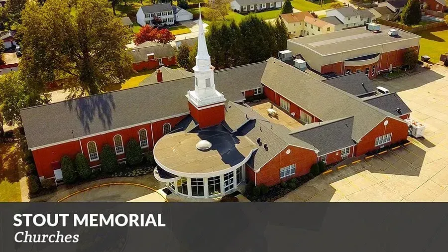 An aerial view of the stout memorial churches