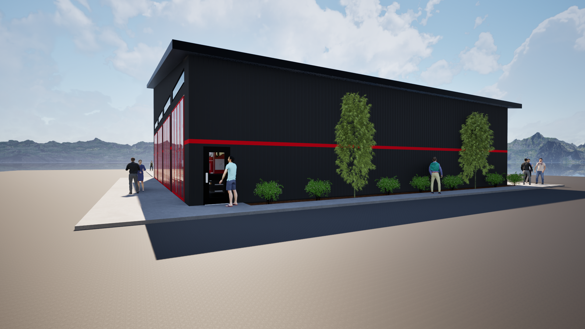 An artist 's impression of a black building with a red stripe on the side.