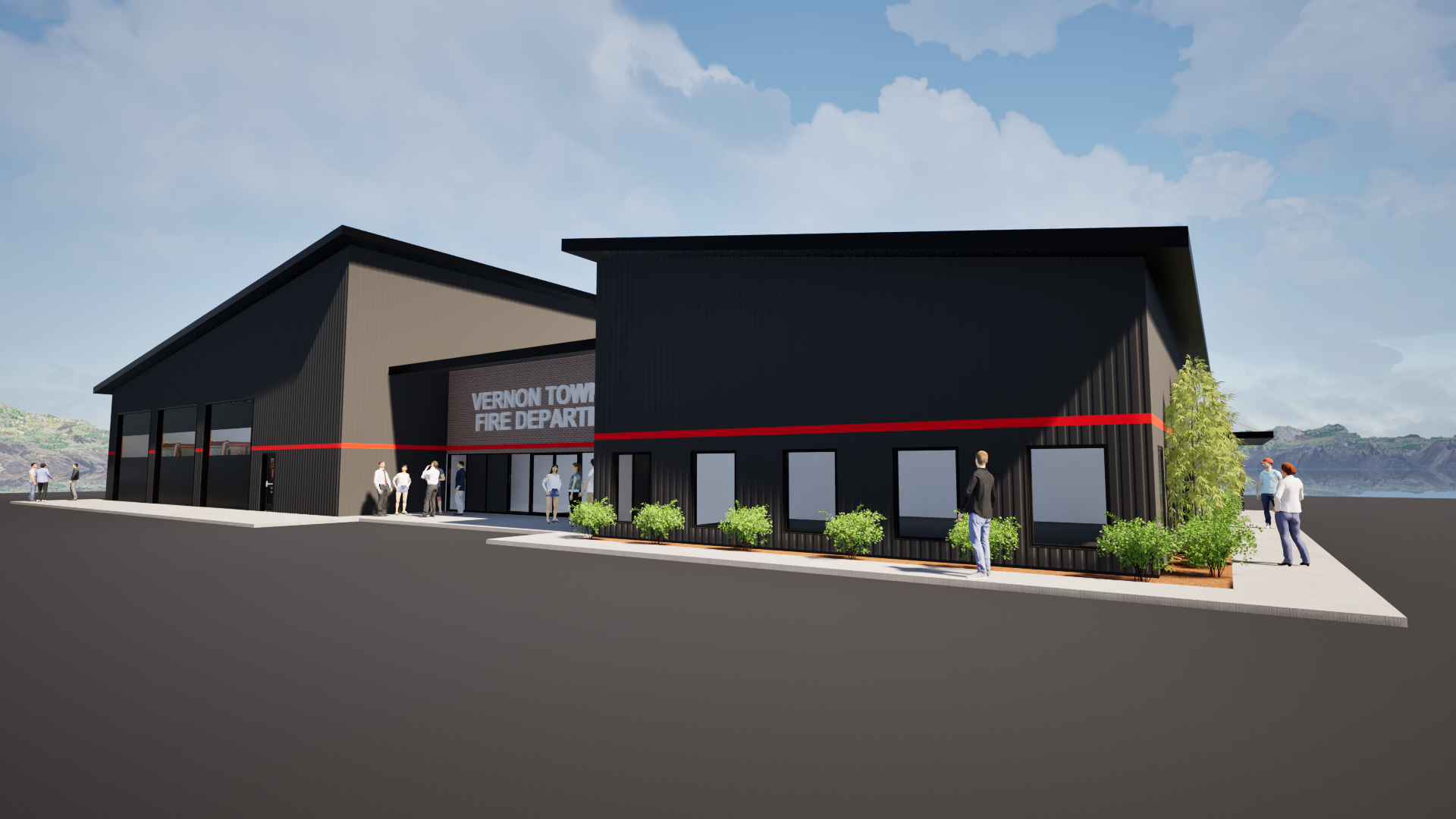 An artist 's impression of a new building with people walking in front of it.