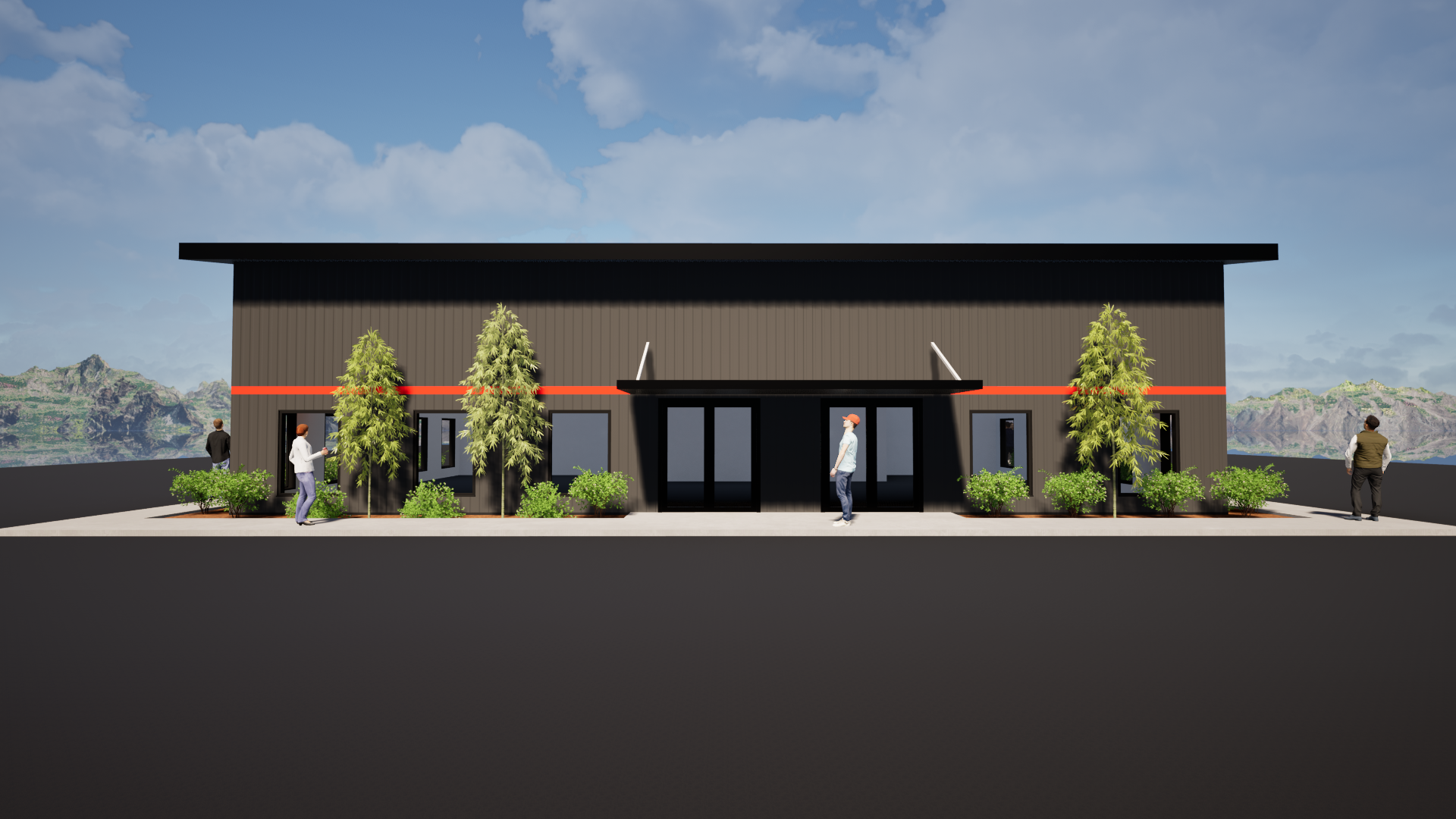 An artist 's impression of a building with people walking in front of it.