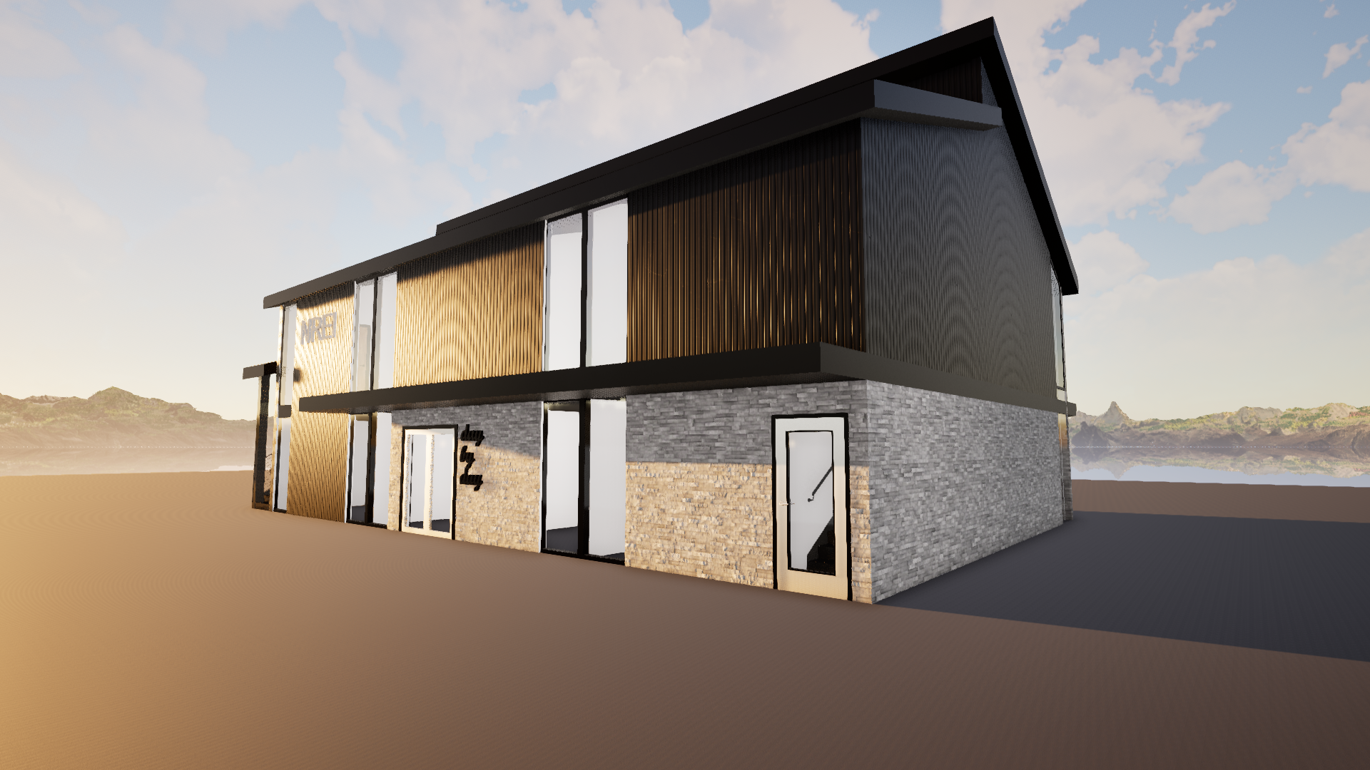 A 3d rendering of a house with a lot of windows and doors.