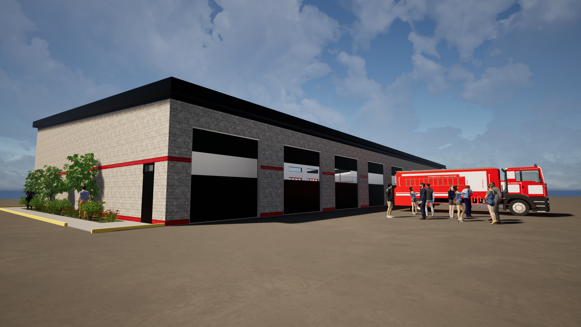 A fire truck is parked in front of a building.