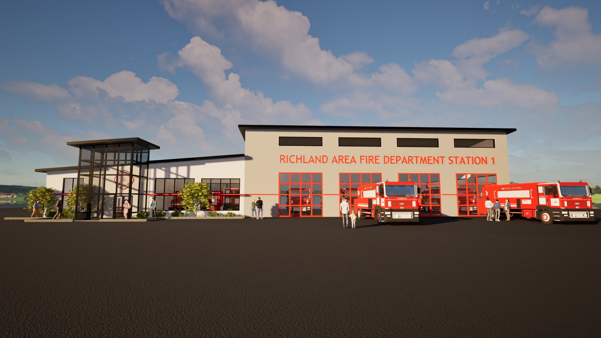 An artist 's impression of a fire station with fire trucks parked in front of it.