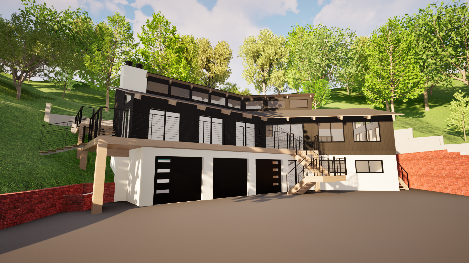 A large house is sitting on top of a hill surrounded by trees.