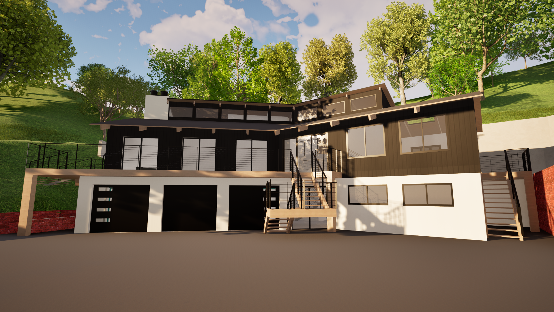 A large house is sitting on top of a hill surrounded by trees.