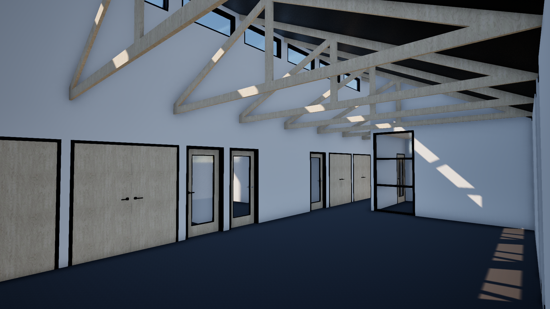 An empty room with a lot of doors and a ceiling.