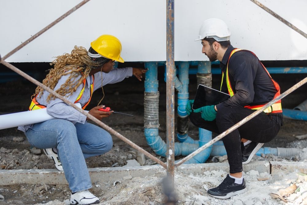 A man and a woman are working on a pipe on a construction site.