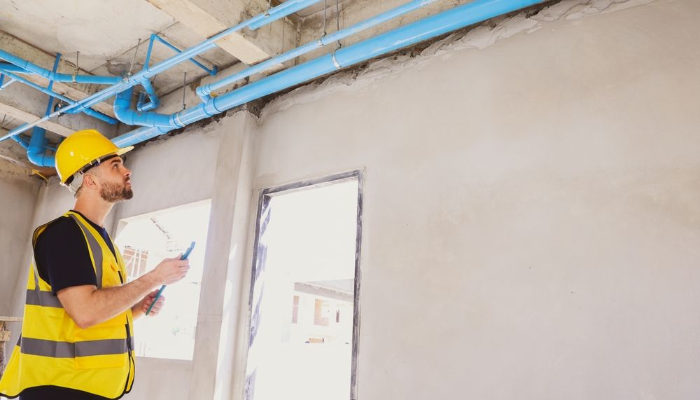 A construction worker is standing in a room with pipes hanging from the ceiling.