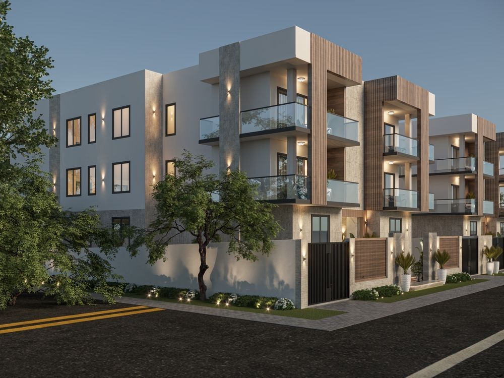 3D rendering of apartments next to each other.