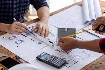 Two men are sitting at a table measuring a house on a blueprint.