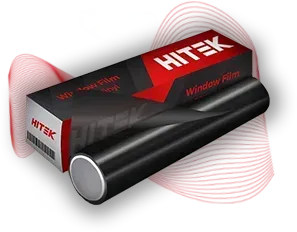 A roll of black Hitek window film next to its branded black and red packaging box against a wave-patterned background.
