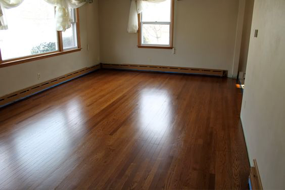 A living room with hardwood floors and two windows.