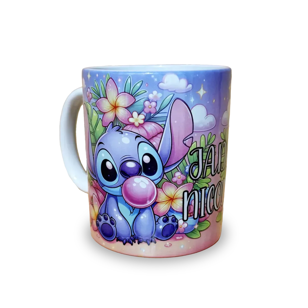 A coffee mug with a picture of stitch blowing a bubble.