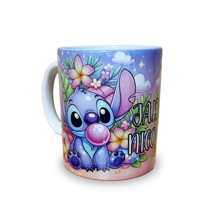 A coffee mug with a picture of stitch blowing a bubble.