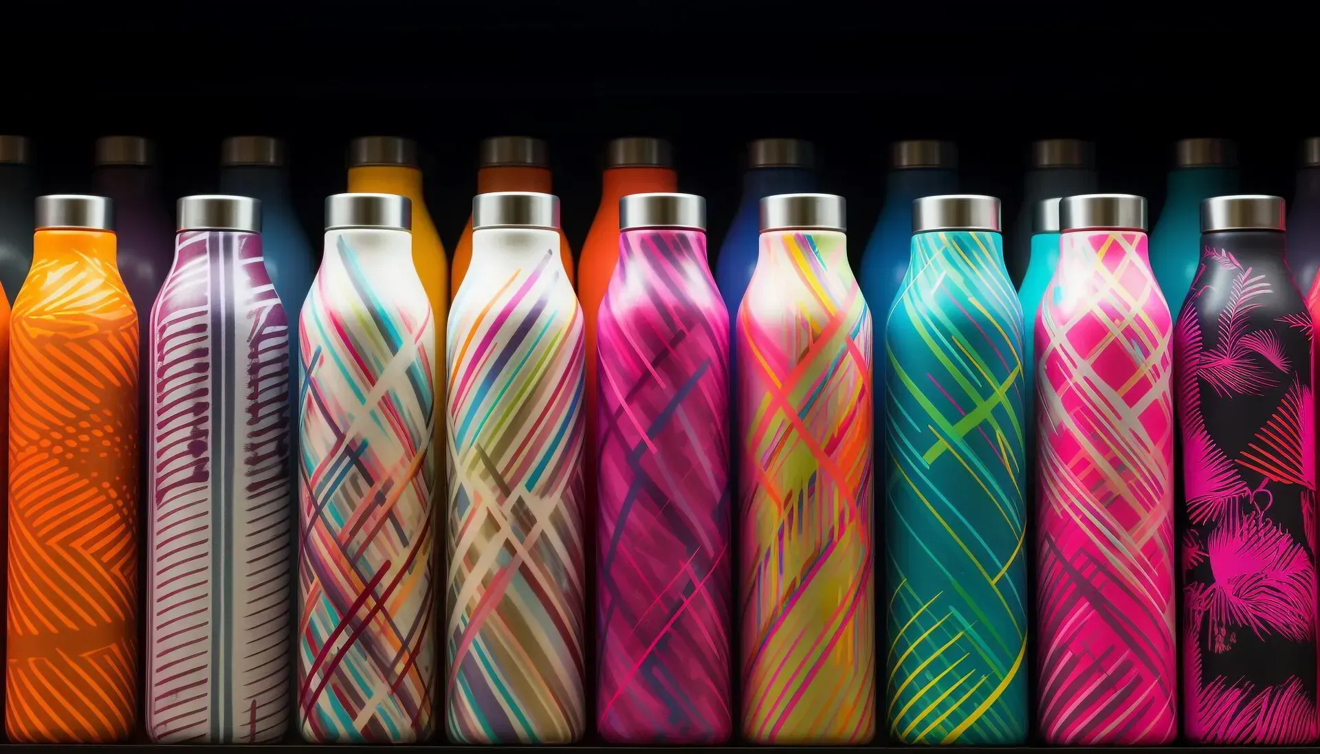A row of colorful water bottles are lined up on a shelf.