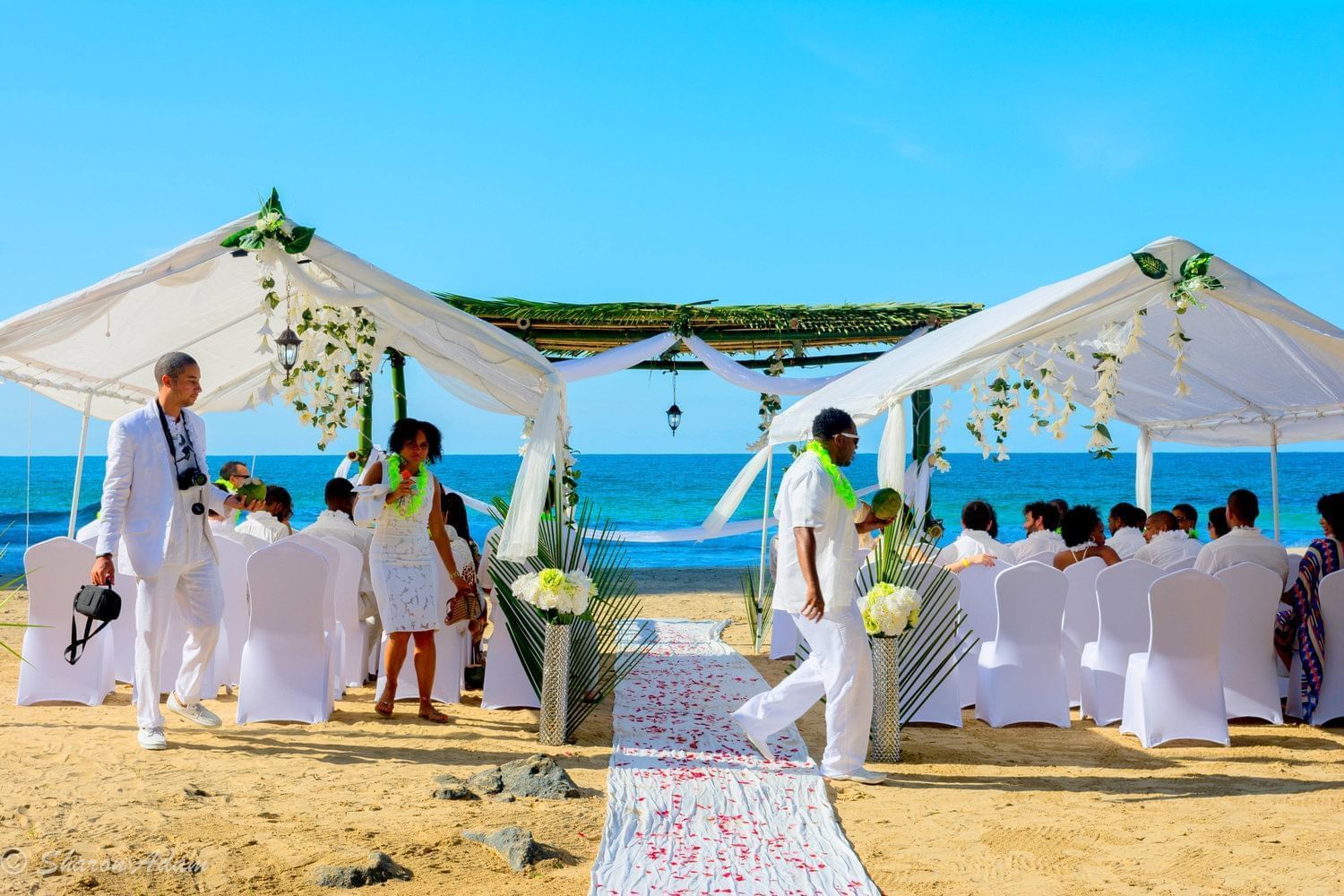 A wedding ceremony is taking place on the beach under a white tent.