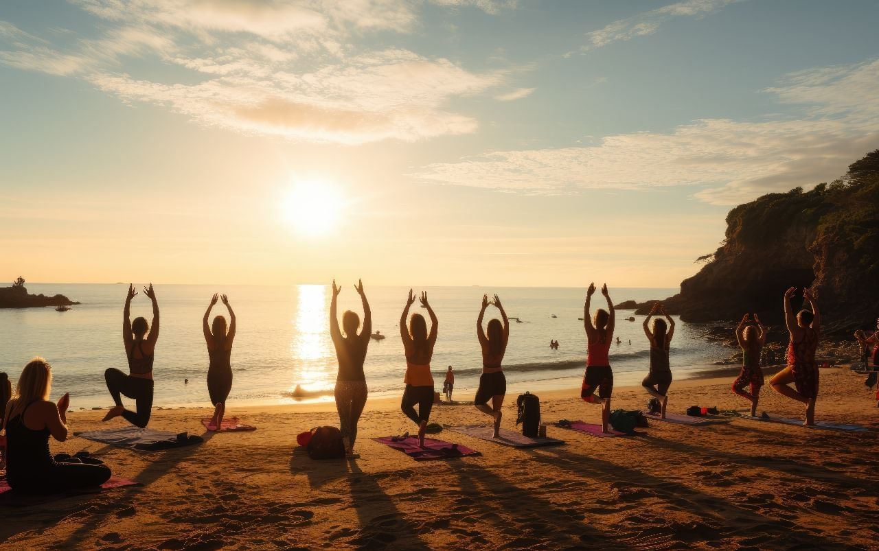 A group of people are doing yoga on the beach at sunset.