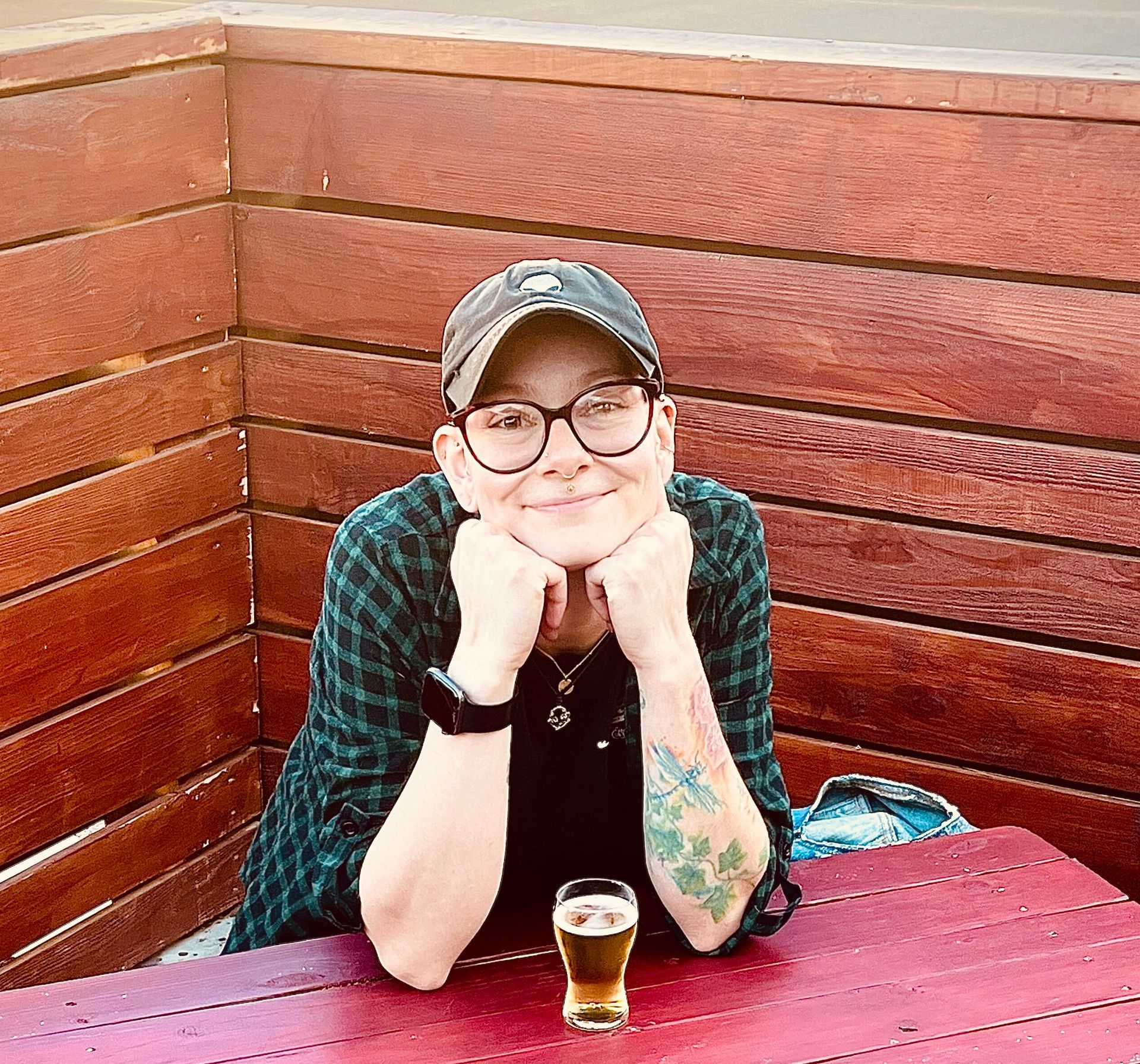 Rory sitting at the kiddie table with a taster beer