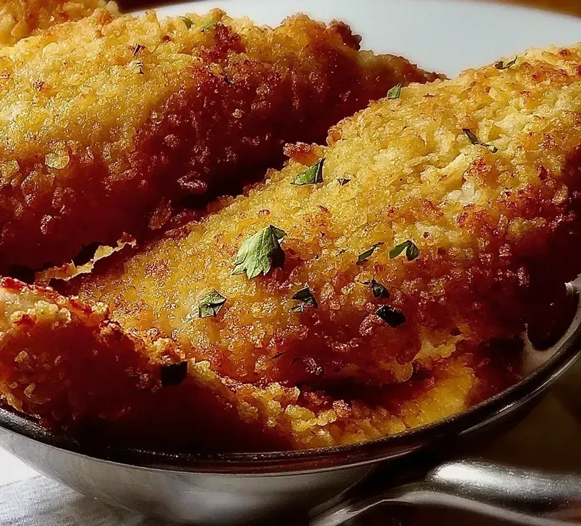 Golden-brown, breaded fried chicken tenders served in a small metal bowl with a side of yellow dipping sauce.