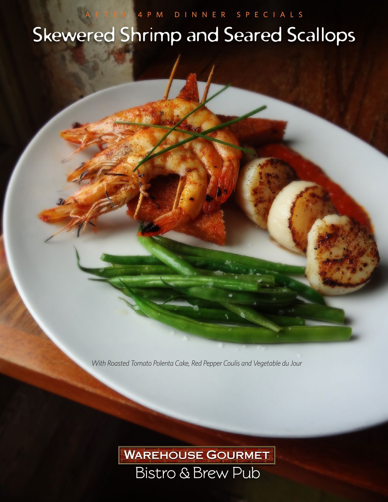 A promotional flyer for Warehouse Gourmet Bistro & Brew Pub featuring a dish of skewered shrimp, seared scallops, and beans.