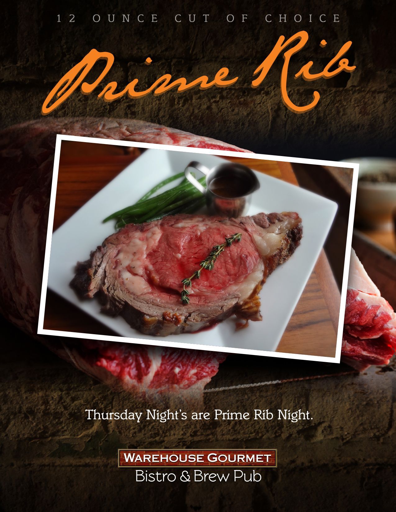 A promotional flyer for Warehouse Gourmet Bistro & Brew Pub featuring a 12-ounce prime rib special on Thursdays.