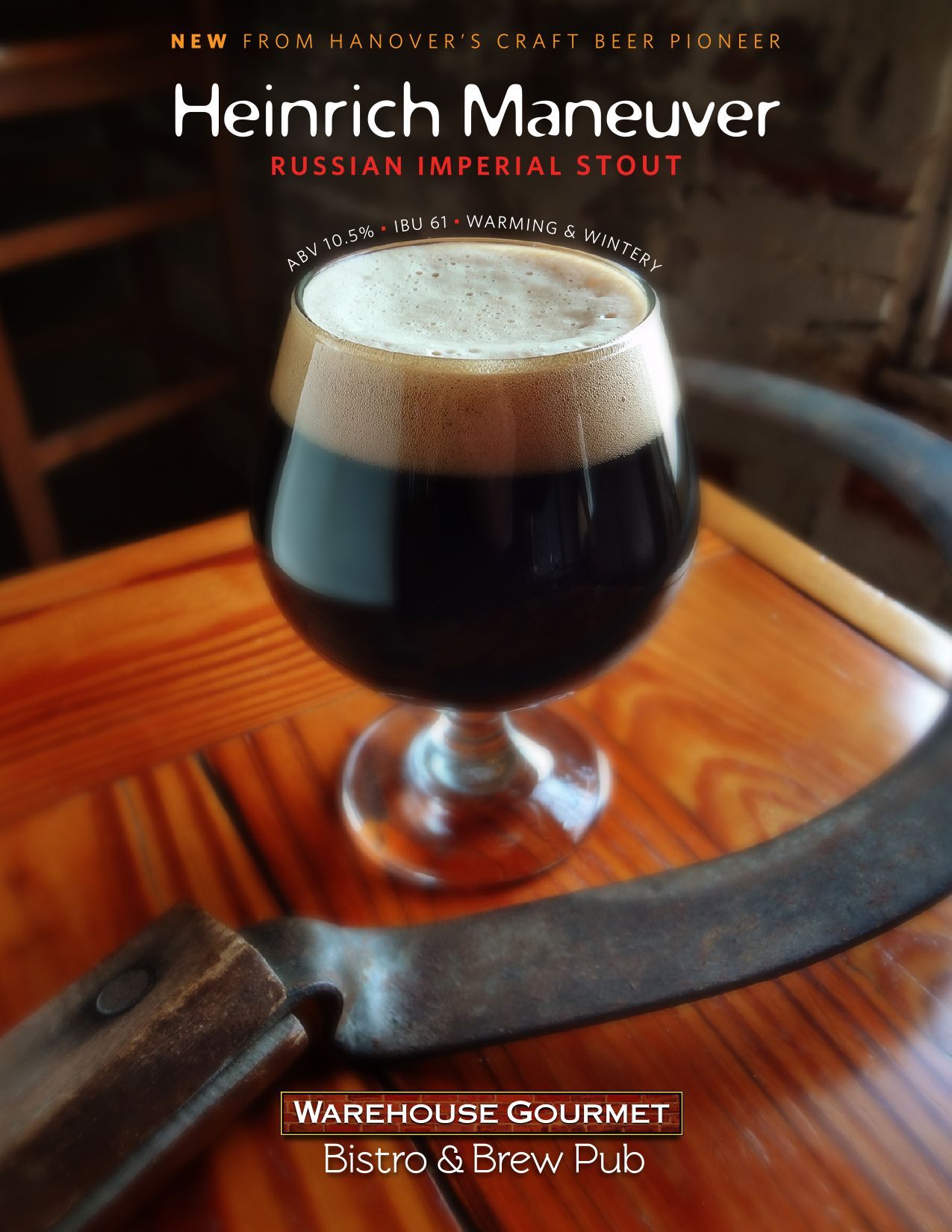 A glass of dark Russian Imperial Stout beer sits on a wooden table next to a metal sickle, branded for Warehouse Gourmet.